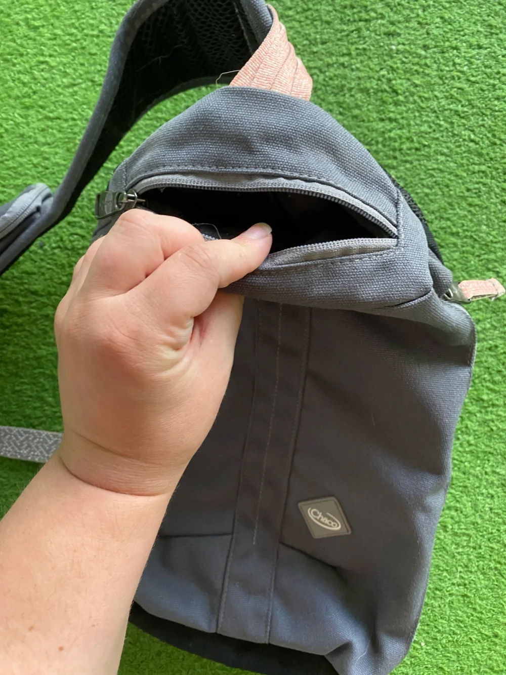 Chaco Gray and Pink Sling Backpack